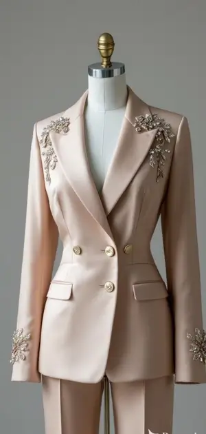 Beige luxury blazer with floral embroidery and gold buttons