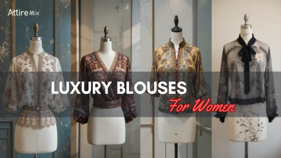 Four luxury blouses with intricate embroidery and stylish designs.