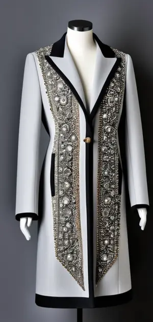 White luxury coat with black and silver sequin details