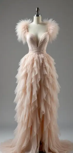 Peach formal gown with feather accents