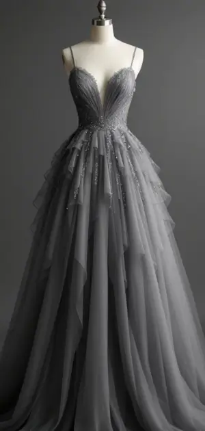Luxurious gray gown with floral embellishments and tiered ruffles