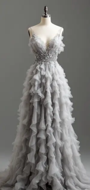 Light gray gown with cascading ruffle layers and jeweled waist