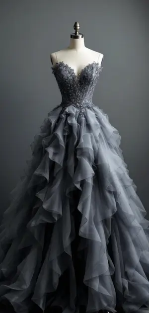 Gray formal gown with layered cascade design