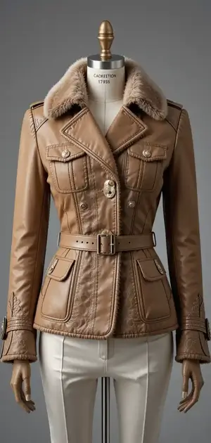 Light brown fitted jacket with fur-lined collar