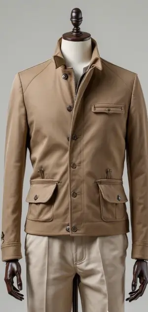 Beige luxury jacket with utility-style pockets and a tailored fit