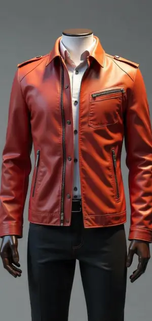 Bright red leather jacket with black zipper accents on a mannequin