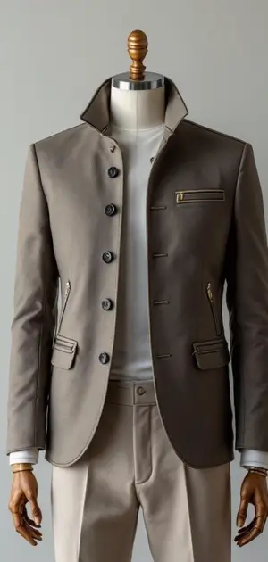Taupe jacket with a modern collar design and gold-accented zippers