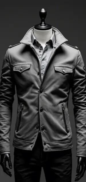 Sleek grey jacket with buttoned pockets and zippered sides on a mannequin.