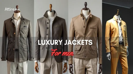Four Luxury Jackets For men in varying shades of beige and tan displayed on mannequins