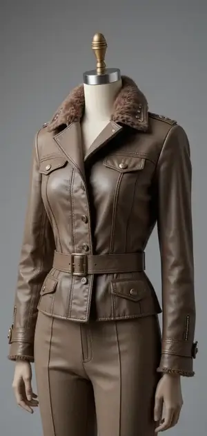 Elegant brown leather jacket with fur collar