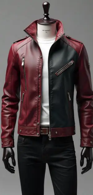 Maroon and black leather jacket with zipper details on a mannequin
