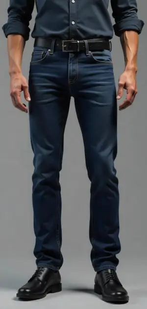 Man in dark blue jeans with a black belt and casual black sneakers