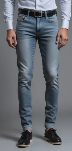 Man in light blue slim-fit jeans with a black belt and black dress shoes