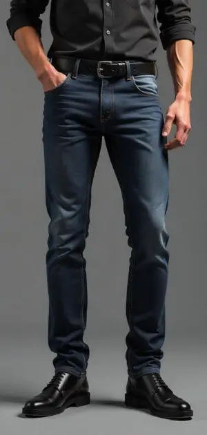 Man in dark blue jeans with a black belt and lace-up black dress shoes