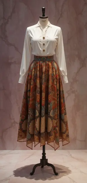 A flowy, floral-printed luxury skirt styled with a white blouse.