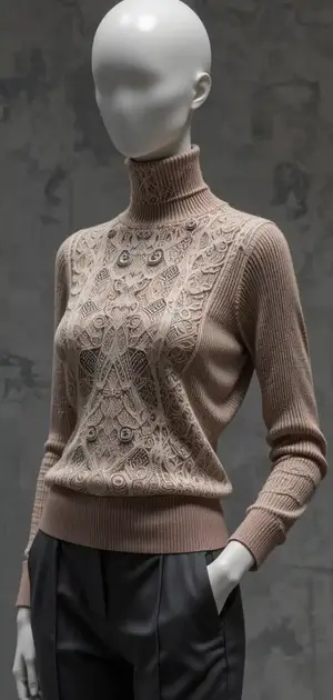 Beige turtleneck sweater with intricate patterns