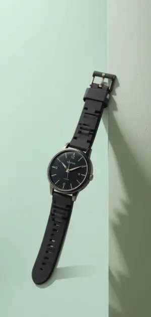 Black rubber-strap watch with a simple dial on a green backdrop.