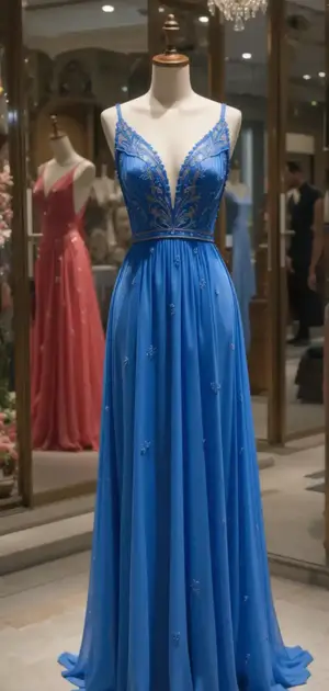 Blue maxi dress with floral embroidery on a store display