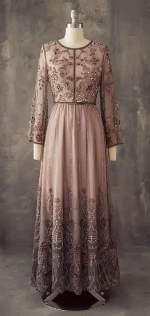 Pink embroidered maxi dress with long sleeves