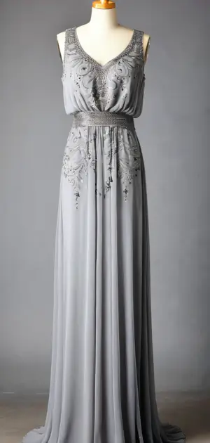 Gray beaded maxi dress with a flowing silhouette