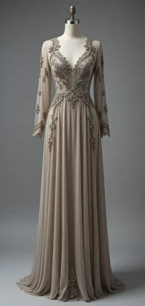 Elegant beige maxi dress with intricate embroidery