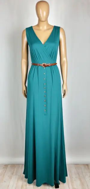 Teal V-neck office maxi dress with a stylish belt