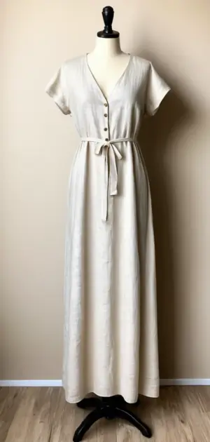 Beige maxi dress with short sleeves and a tie belt on a mannequin