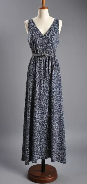 Navy and white geometric V-neck maxi dress