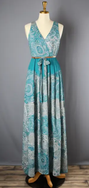 Teal and grey paisley print maxi dress