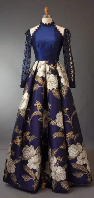 Navy maxi dress with light blue floral patterns on display