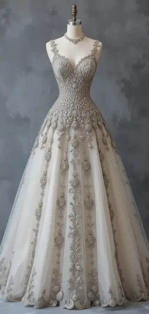 Elegant white floral embroidered maxi dress on a mannequin