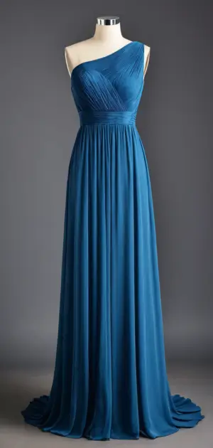 Stunning one-shoulder blue maxi dress on display.