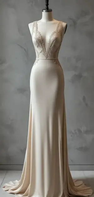 Silver maxi dress with intricate beaded details on a mannequin