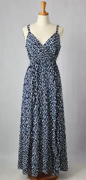 Navy and white geometric patterned maxi dress