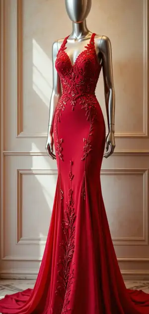 Red maxi dress featuring delicate floral embroidery
