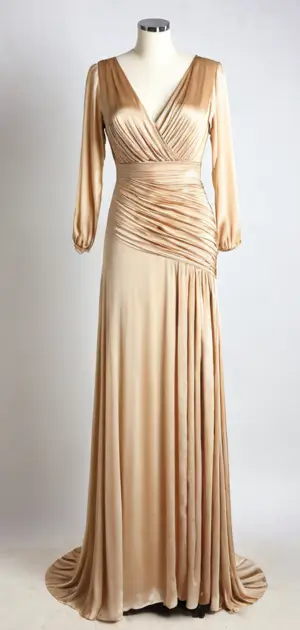 Golden silk maxi dress with ruched details and V-neck
