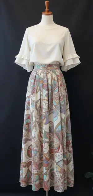 Fashionable maxi skirts showcasing floral and artistic patterns.