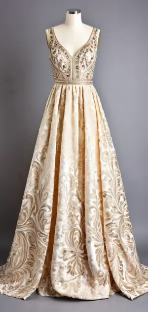 Cream wedding maxi dress with gold pattern detailing