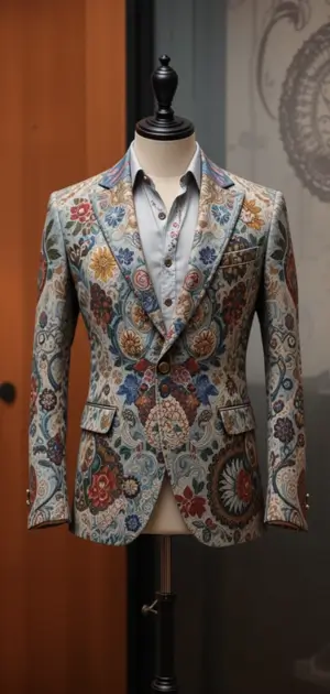 A stylish men’s bohemian blazer with detailed, vibrant floral designs on display.