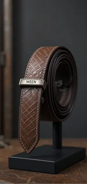Brown men’s belt featuring a sleek textured pattern and sturdy buckle design.
