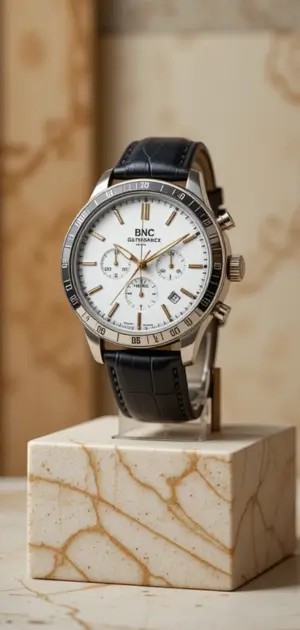 Affordable men’s watch featuring a white chronograph dial and black leather strap.
