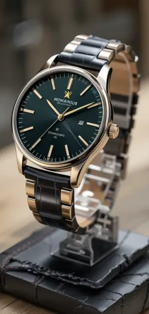 Affordable men’s watch with a black dial, gold accents, and durable metal strap.