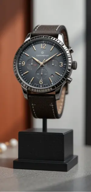 Men’s canvas watch featuring a sleek grey dial, black case, and textured brown strap.
