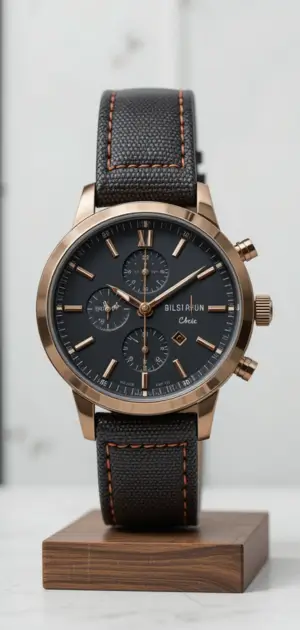 Men’s canvas watch featuring a rose gold case, black dial, and textured strap.