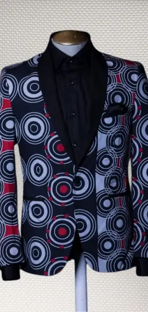 A stylish men's blazer showcasing bold circular geometric designs in black, white, and red hues.