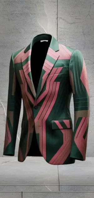 A modern men's blazer with detailed geometric patterns in vibrant green and pink hues.