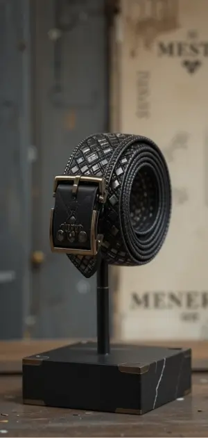 Black men’s luxury belt featuring a geometric design and a bold metal buckle.