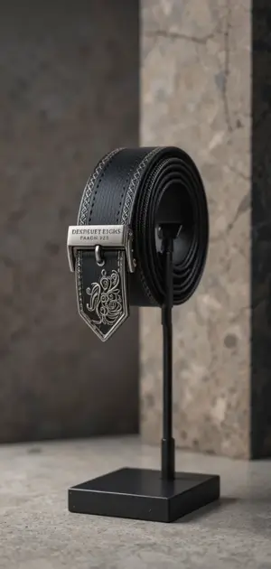 Elegant black men’s luxury belt featuring ornate patterns and a silver buckle.