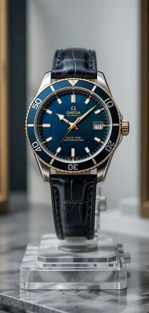 A modern men’s luxury watch featuring a navy blue dial, gold accents, and leather strap.