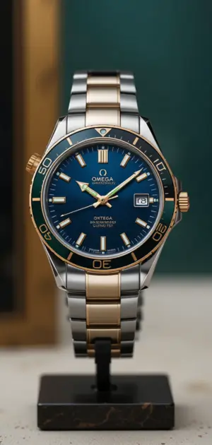 A high-end men’s luxury watch featuring a gold and silver strap and vibrant blue dial.